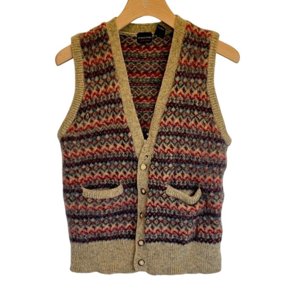 Vintage 90s Structure Fair Isle Wool Sweater Vest Mens L Nordic